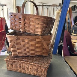 Set Of Three Vintage Wooden Baskets, Two Handle Baskets And One Lidded Basket/case (Garage On Table)