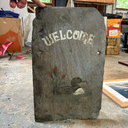 So Cool! Painted Slate Welcome Sign From St Paul's Church, Burned Down 1985 (garage)