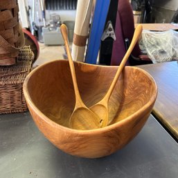 Wooden Salad Bowl With Serving Spoon & Fork (Garage On Table)
