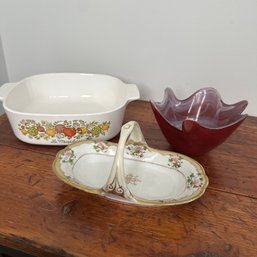 Corningware Dish, Wavy Edged Glass Bowl, & Nippon Trinket Dish (HW)