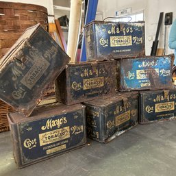 Set Of 8 Vintage Mayo's Tobacco Tins, With Handles, Various Conditions (Garage On Table)
