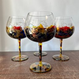 GORGEOUS Handpainted Wine Goblets, Set Of 4 Gold Red Blue Colorful Painted Wine Glasses