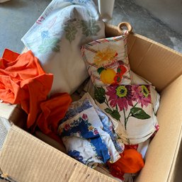 Box Lot Of Assorted Vintage Linens, Oven Mitts, Kitchen Towels, And More (Basement)