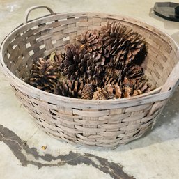 Large Old Wicker Basket With Big Pine Cones (BSMT)