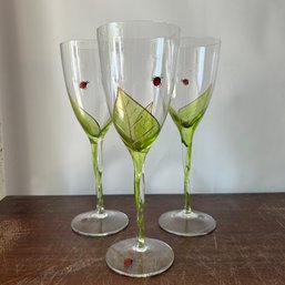Trio Of Green Leaf And Ladybug Painted Decorative Champagne Flutes