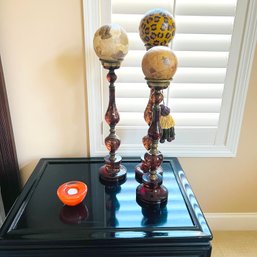 Glass Candle Holders With Decorative Paper Mache Orbs And One Votive Holder (Master Bedroom)