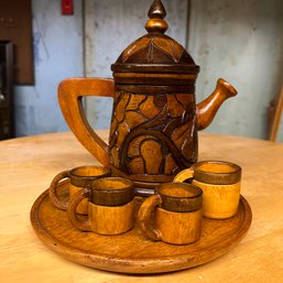 Vintage Wooden Tea/Coffee Pot With Tray And Cups (BSMT - 62305)