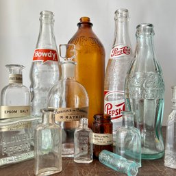 Lot Of Vintage Glass Bottles, Medicine Bottles, Soda Bottles, Clorox Bottle