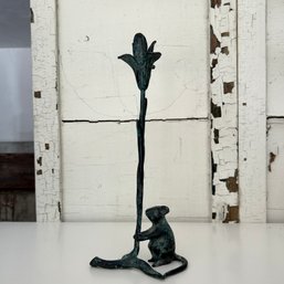 Charming Cast Iron MOUSE & FLOWER Statue (OA)