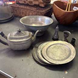 Mixed Lot Of Vintage Pewter Items: Teapot, Three Plates, Bowl, Salt Shaker, Two Small Containers (Garage On Ta