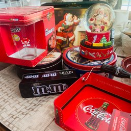 Coca-coca & M&Ms Glass Set, Tin Cans, Napkin Holder & Working Musical Snow Globe (LR)