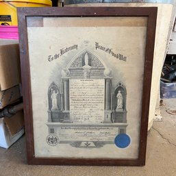 Vintage Free Mason Grand Lodge Of Massachusetts Framed Certificate - Shawmut Lodge, 1957 (garage)