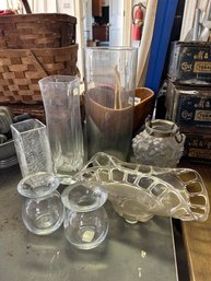 Mixed Lot Of Misc Decorative Glass, Includes: Open Work Edge Rolled Glass, Five Varying Height Vases, Jar (gar