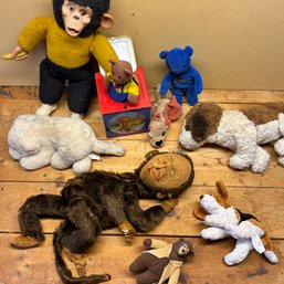 Mixed Lot Of Vintage Toys Including Merrythought Monkey Pyjama Case, Mr BIM Chimp, Ernest Jack-in-the-box, Etc