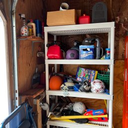 Shelf Lot: Chairs, Balls, Scooter, Outdoor Goods, Etc. (garage)