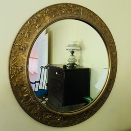 Large Round Ornate Gold-Toned Wall Mirror (Bedroom 3)