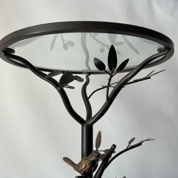 Decorative Metal And Glass Top Side Table, Bird Motif, Plant Stand