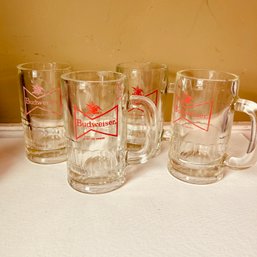 Set Of 4 Vintage Budweiser Heavy Glass Mugs With Bowtie Logo (SA)