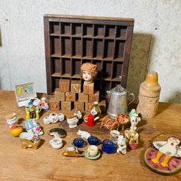 Mixed Lot Of Tiny Ceramic Curio Cabinet Figures & Wooden Storage Cabinet (BSMT In Bag)