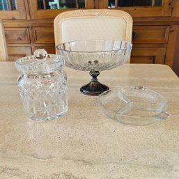 Vintage Glassware: Etched Divided Dish, Pedestal Bowl And Jar With Lid (Kitchen)
