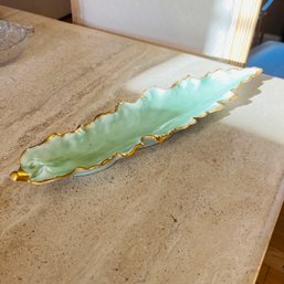 Beautiful Vintage Limoges Green Leaf Shaped Dish With Gold Edge (Kitchen)