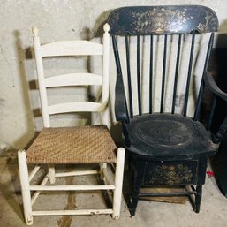 Wood & Cane Seat Chair & Black Hand Painted Antique Commode Chair (BSMT)