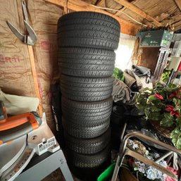 Two Sets Of Four Car Tires, One Set W/ Mercedes Rims (garage)