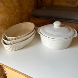 Three Vintage Oval Casserole DIshes And Lidded White Dish (Basement)