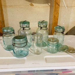 Lot Of Vintage Ball Jars, Most With Blue/green Tint & Covers (BSMT In Box)