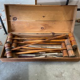Vintage Croquet Pieces In Wooden Box