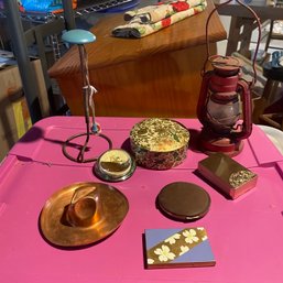 Vintage Dresser Lot Hat Stand, Compacts, Mini Lantern, Coasters, Copper Hat (Basement)