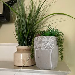 Pair Of Decorative Vessels With Faux Plants