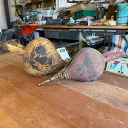 Pair Of Antique Fireplace Bellows (Garage On Table)