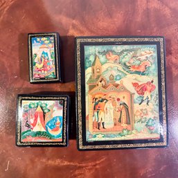 Stunning Trio Of Vintage Handpainted Russian Lacquered Boxes, With Original Paperwork (BSMT)
