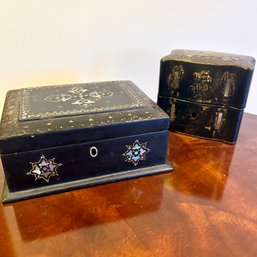 Pair Of Antique Wooden Boxes, Mother Of Pearl Inlay, Tea Caddy, Velvet Lined, See Notes (BSMT)