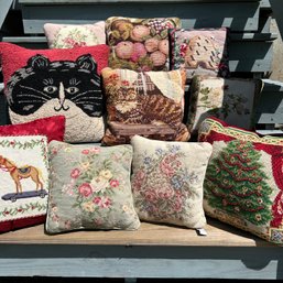 Gorgeous Embroidered Pillow Lot, Cross-stitch Pillows, Floral Pillows, Cat Pillows, Christmas Pillows