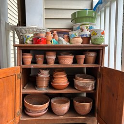 HUGE LOT Of Plant Pots & Trays, Some Vintage, Including Outdoor Wooden Gardening Cabinet (deck)