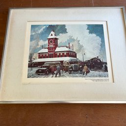 Framed Reproduction Print Of Nashua NH Railroad Station By Arch McDonnell, 1975 (Garage Under/Near Table)
