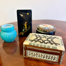 VTG Mother Of Pearl Velvet Lined Box, Small Russian Lacquer Box, Russian Music Box, Blue Vessel (BSMT)