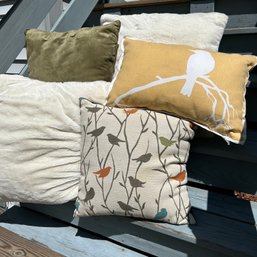 Small Throw Pillow Lot: Two Bird Pillows, Two Off-white Pillows, One Green Pillow