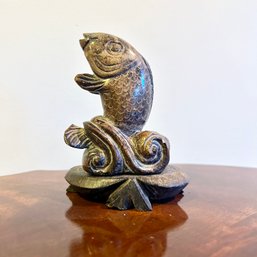 Vintage Stone Carved Fish On Carved Wooden Mount (BSMT)