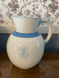 Limoges France Blue & White Large Monogrammed Pitcher