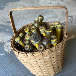 Vintage Thread Spools In Handmade Basket (garage)