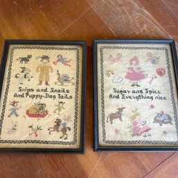 Pair Of Vintage Framed Cross Stitch Panels 'Snips & Snails' 'Sugar & Spice'