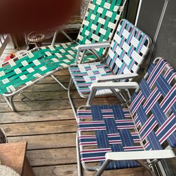 Trio Of Vintage Webbed Aluminum Patio Chairs, Two Chairs & One Lounger (deck) - See Description