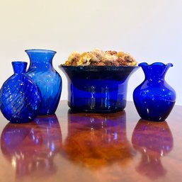Collection Of Vintage COBALT BLUE Glass Vases & Vessels, 4 Pieces(BSMT)