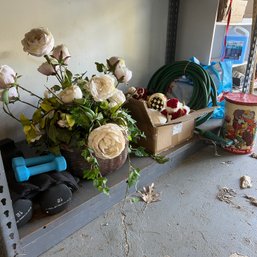 Shelf Lot: Florals, Christmas, Books, Hose And Weights (garage)