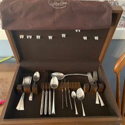 Lot Of Fancy Silverware Spoons, Knives, Forks, Serving Utensils With Wood Box (Dining Room)