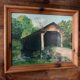 Beautiful Signed Framed Covered Bridge Wall Art - By WWII Veteran Margaret Delay (BR Right)