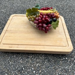 Butcher Block & Glass Bowl With Fake Fruit (Garage)